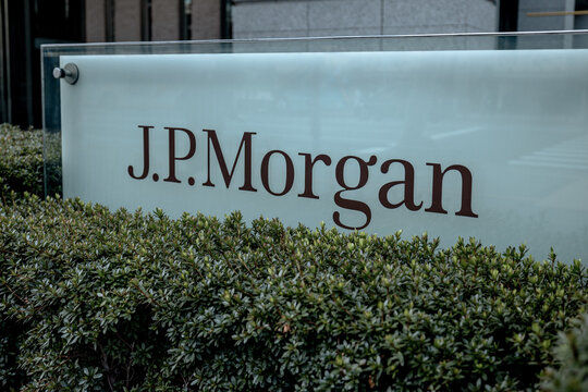 Tokyo, Japan - March 29, 2026: J.P. Morgan corporate signage outside office building in Tokyo, Japan.
