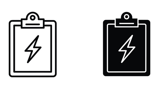 Clipboard with lightning bolt icon in black and white style