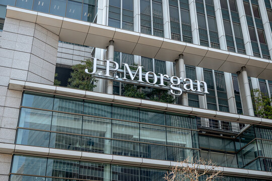 Tokyo, Japan - March 29, 2026: J.P. Morgan corporate signage outside office building in Tokyo, Japan.
