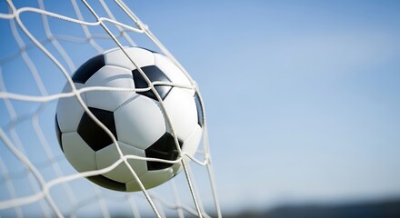 Naklejka premium Soccer ball flying into goal net with clear blue sky background