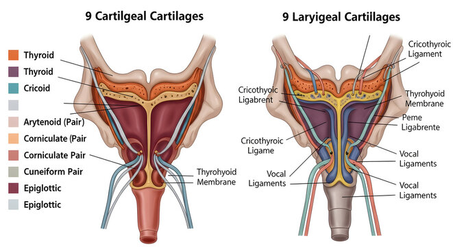 Laryngeal cartilages and ligaments structure for voice production diagram.