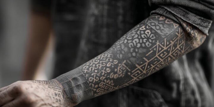 Close-up of a persons arm with intricate, dark, and detailed tattoo designs covering the entire forearm, showcasing a blend of patterns and symbols.