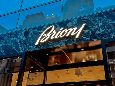 Tokyo, Japan - March 15, 2026: Brioni luxury menswear storefront signage on building facade in Tokyo, Japan.