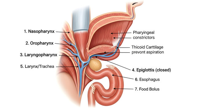 Medical diagram illustrating process of swallowing and airway protection mechanism.