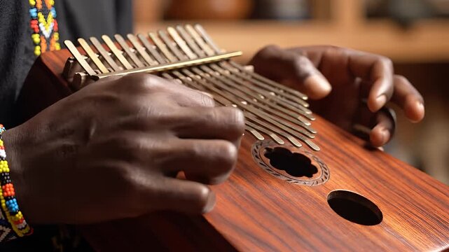 Closeup of hands playing a traditional African kalimba instrument.