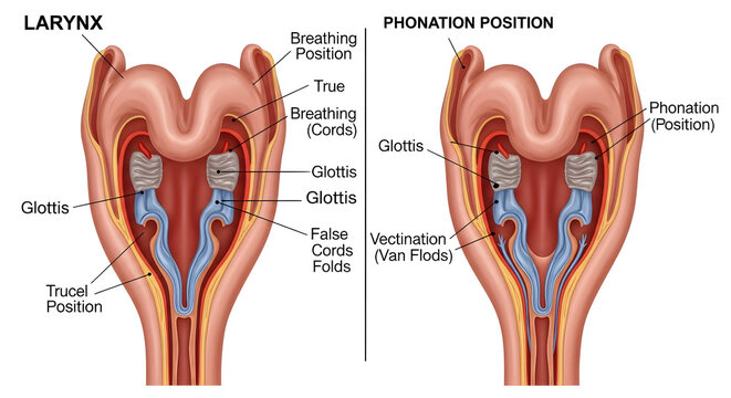 Larynx anatomy diagram displaying breathing and phonation positions of vocal fold.