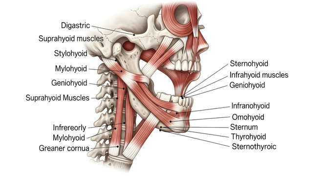 Anatomical illustration showing suprahyoid and infrahyoid muscles of human neck.