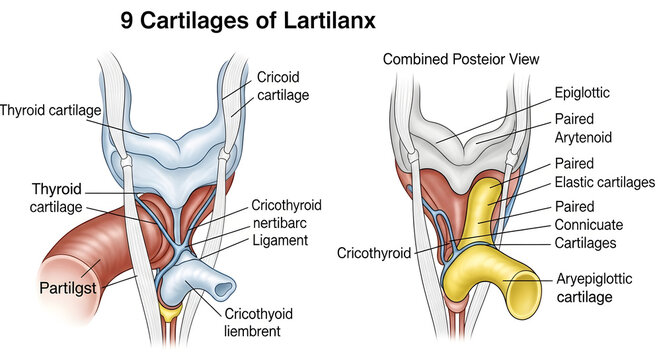 Nine cartilages of larynx showing anterior and combined posterior views.