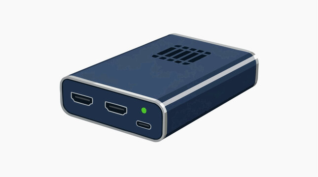 A sleek and modern electronic device, showcasing ports and indicating an active state, captured in a clean and appealing aesthetic.