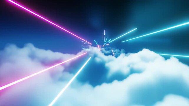 Electric blue and pink beams cut across glowing clouds, with the camera flying through the radiant tunnel of light. Concept of cosmic energy and optimism
