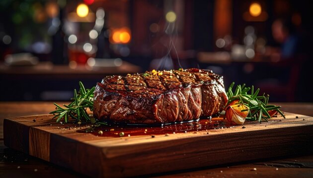 A perfectly seared ribeye steak garnished with fresh rosemary and garlic cloves resting on a rustic wooden board, showcasing high quality culinary preparation for a gourmet restaurant dinner.