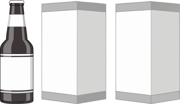 Dark glass beer bottle with blank label next to two rectangular boxes on white background