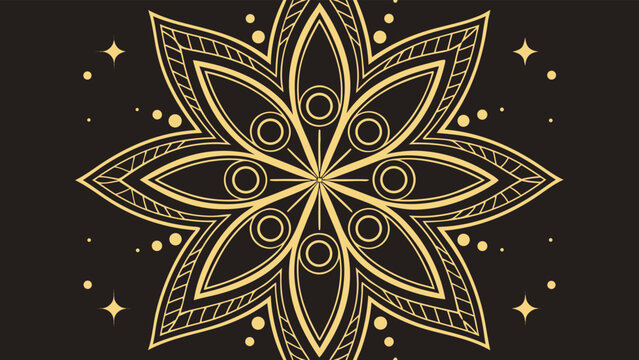 Golden eight-pointed star mandala with decorative circles on a dark brown background