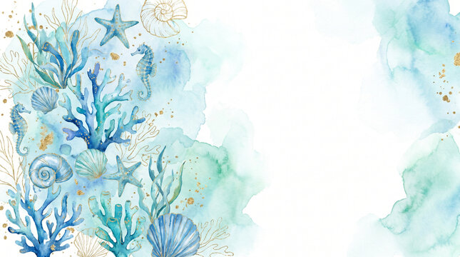 Luxury watercolor presentation background collection featuring elegant seashells, pearls, coral reefs, oyster shell, golden seahorse and ocean-inspired decorative elements. Soft blue watercolor textur