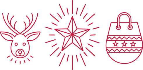 Red outline of a reindeer head, a shining star, and a holiday gift bag © Vector KIng