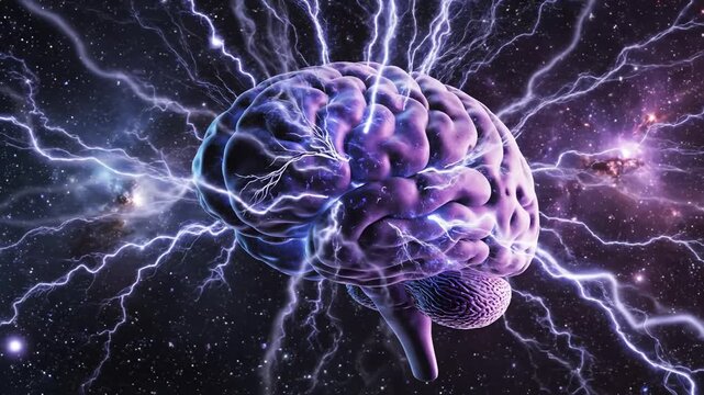 Brain with electric sparks in space emphasizing advanced technology and cybersecurity