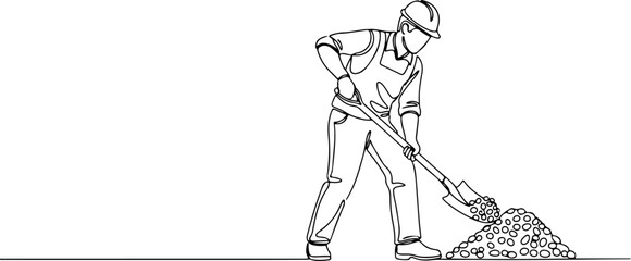 Continuous one line of a construction worker using a shovel to move gravel, representing groundwork, excavation, and site preparation, style hand drawing vector illustration. © Haus