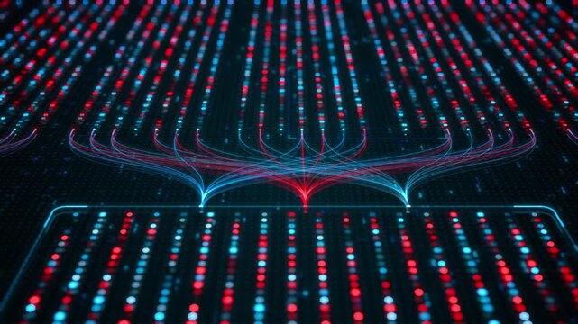 Perspective field of glowing data rows with arcs rising above. Database query, index scan and search engine