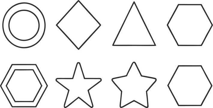 Collection of eight geometric shapes including circles, diamonds, triangles, hexagons, and stars