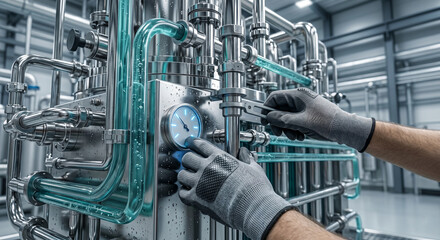 Fototapeta premium Engineer adjusts valve on industrial pipe system with gauge indicating fluid flow measurement.