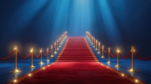 Bright lights shine down on a staircase covered in red carpet. The area has golden ropes on both sides. This scene shows a setup for an event or award show happening at night