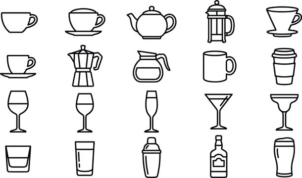 set of coffee tea cocktail and bar drinkware icons flat design vector illustration
