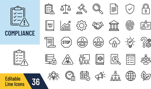 compliance rules and regulations set with editable line icons flat design vector illustration