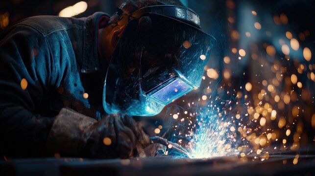 A person wearing a welding mask works on metal pieces in a workshop. Sparks fly as the welding process takes place, illuminating the workspace in the evening