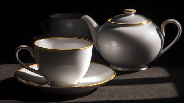 Three pieces of ceramic tableware are placed on a dark surface. A cup and saucer sit beside a teapot. Morning light creates shadows and highlights on the dishes