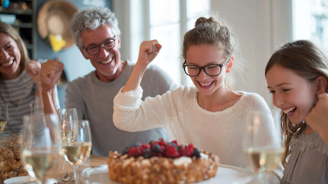 Family celebrating a birthday at home, smiling and cheering around a cake with fresh berries, glasses of sparkling wine on the table, warm indoor lighting