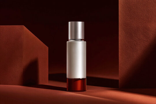 A bottle stands on a brown surface surrounded by geometric shapes. The focus is on the sleek design, highlighting the colors and shapes in the studio setting
