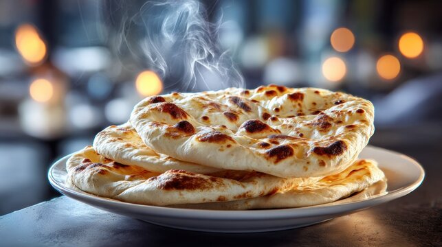 Naan bread stacks on a white plate with steam rising in a cozy restaurant setting. The scene shows a focus on food with warm lighting in the background
