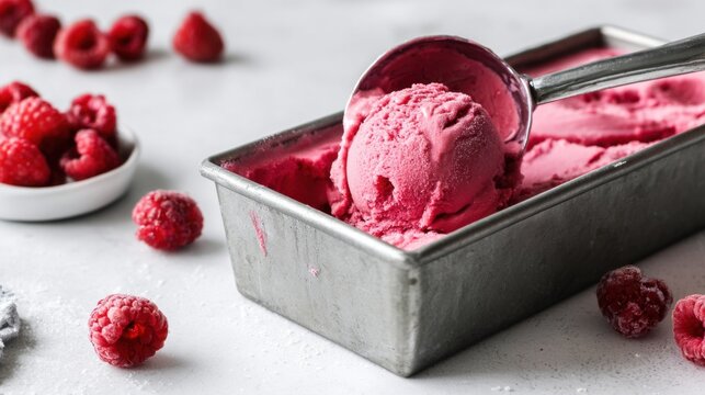 A scoop of raspberry sorbet is taken from a metal container. Fresh raspberries are placed around the container on a light surface. The scene shows a sweet treat ready to enjoy