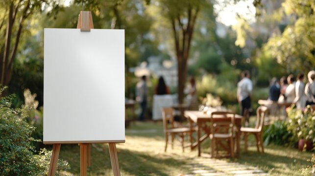 A garden scene shows a blank canvas on an easel with people mingling and chatting in the background during a sunny afternoon. The setting is vibrant and inviting