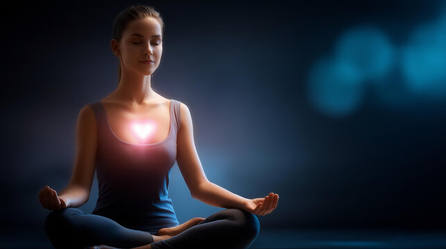 Faceless woman meditating in a lotus position with a glowing heart chakra for a spiritual healing and wellness concept. Defocused background. Lotus pose heart chakra, glowing