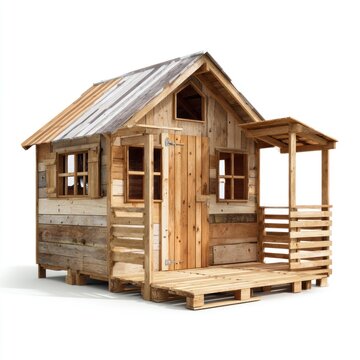 A wooden playhouse with a porch and a roof stands alone. It has large windows and a sturdy door. The structure is made from wooden planks and has a natural finish