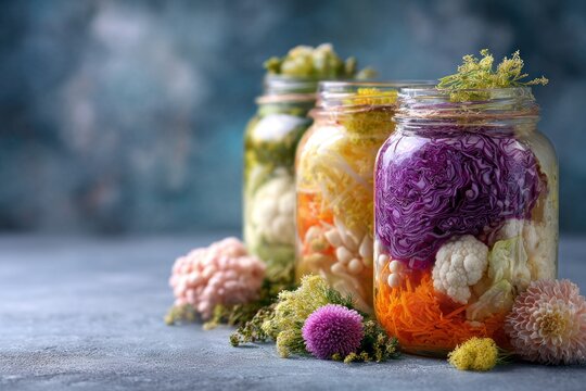 Three jars filled with pickled vegetables sit on a table. Each jar has colorful layers of vegetables. Flowers are placed around the jars. Sunlight fills the room