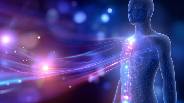 Depiction of a human body with chakras and energy flows against a cosmic background for a spiritual and healing visualization concept. Human body chakras, energy flows, cosmic