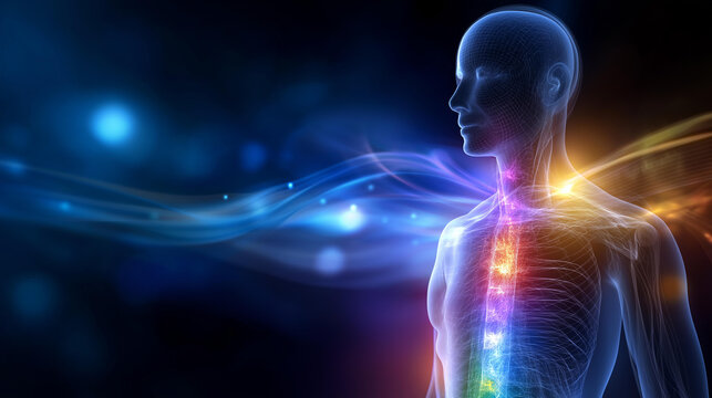 Depiction of a human body with chakras and energy flows against a cosmic background for a spiritual and healing visualization concept. Human body chakras, energy flows, cosmic