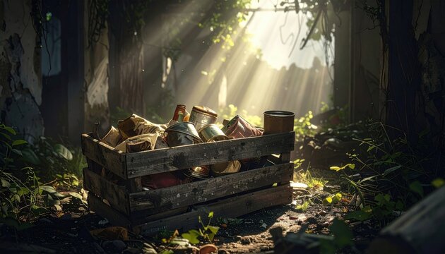 A weathered wooden crate filled with assorted tinned goods and cloth wrappings sits in a sunlit forest clearing, suggesting remnants of a forgotten camp or emergency supply cache in the wilderness.
