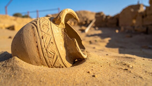 A broken ancient terracotta amphora piece with intricate patterns half buried in the desert sand at an archaeological excavation site under a clear blue sky.