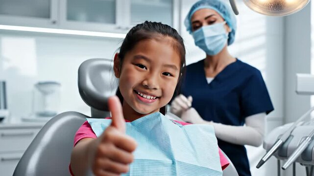 happy asian girl showing thumbs up in dental chair with female dentist in background. pediatric dentistry and healthcare concept. stomatology, medical checkup.