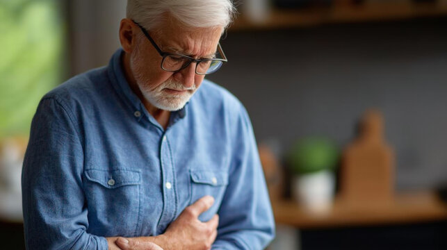 Close-up portrait of an elderly man experiencing stomach pain with a concerned look on his face for a senior health concept. Defocused background. Elderly man portrait, stomach