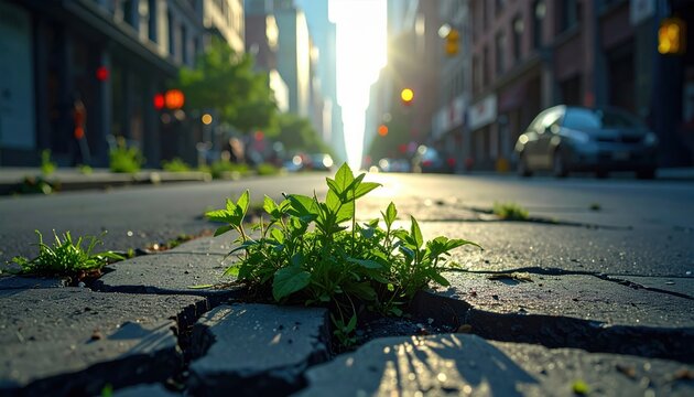 A vibrant green plant growing through a crack in urban city pavement, capturing the powerful spirit of resilience and nature reclaiming the concrete environment in the morning light.