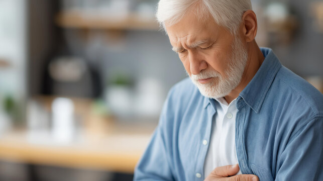 Close-up portrait of an elderly man experiencing stomach pain with a concerned look on his face for a senior health concept. Defocused background. Elderly man portrait, stomach