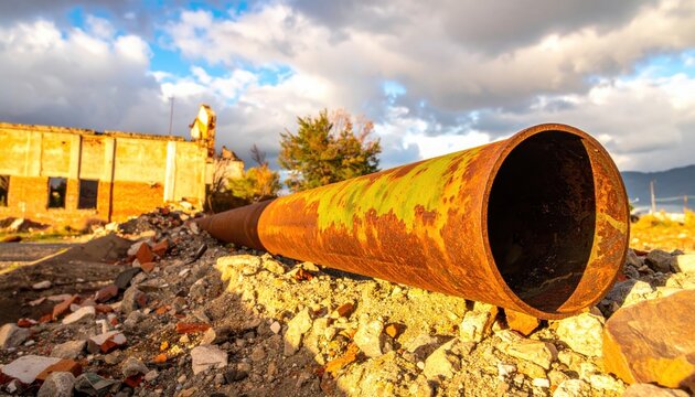 A heavily corroded metal pipe section rests on rocky ground against a cloudy sky, showcasing signs of intense oxidation and long term environmental weathering in an abandoned industrial area.