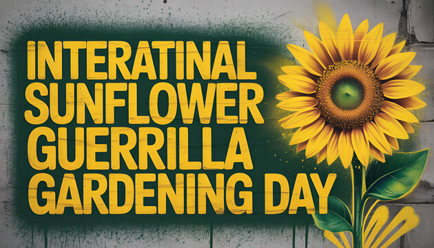 International sunflower guerrilla gardening day poster with vibrant yellow flower on gray wooden background