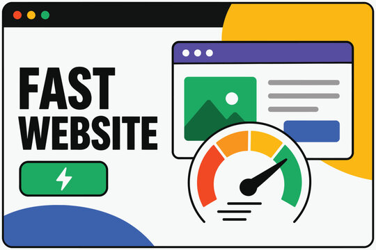 Fast website loading speed illustration with speedometer and browser window