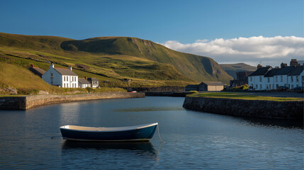 Fototapeta premium Picturesque harbor with a fishing boat in the village of Cushendun in County Antrim Northern Ireland, coastal heritage concept, with copy space