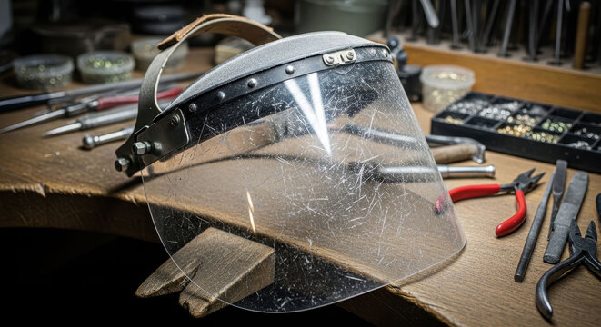 Face shield covere for jeweler's protection with scratched visor and leather strap on workbench featuring protective gear, workshop, jewelry making